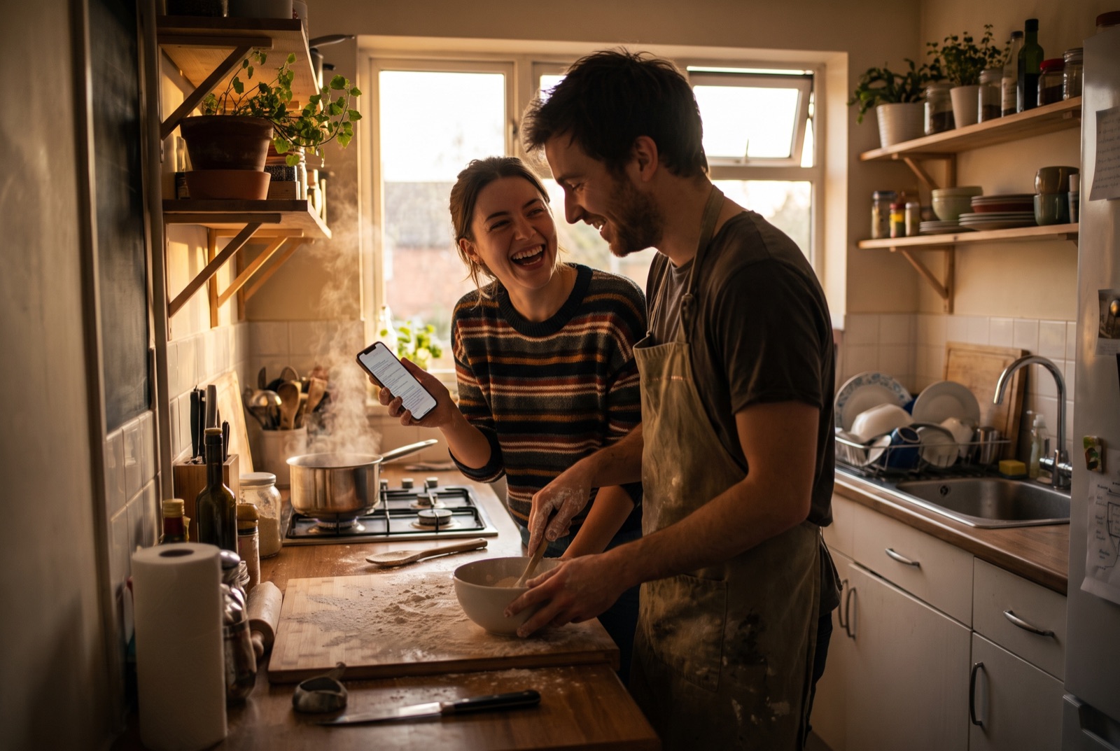 KI-Symbolbild: Zwei Freunde backen lachend in einer kleinen Küche und lesen ein Rezept am Handy