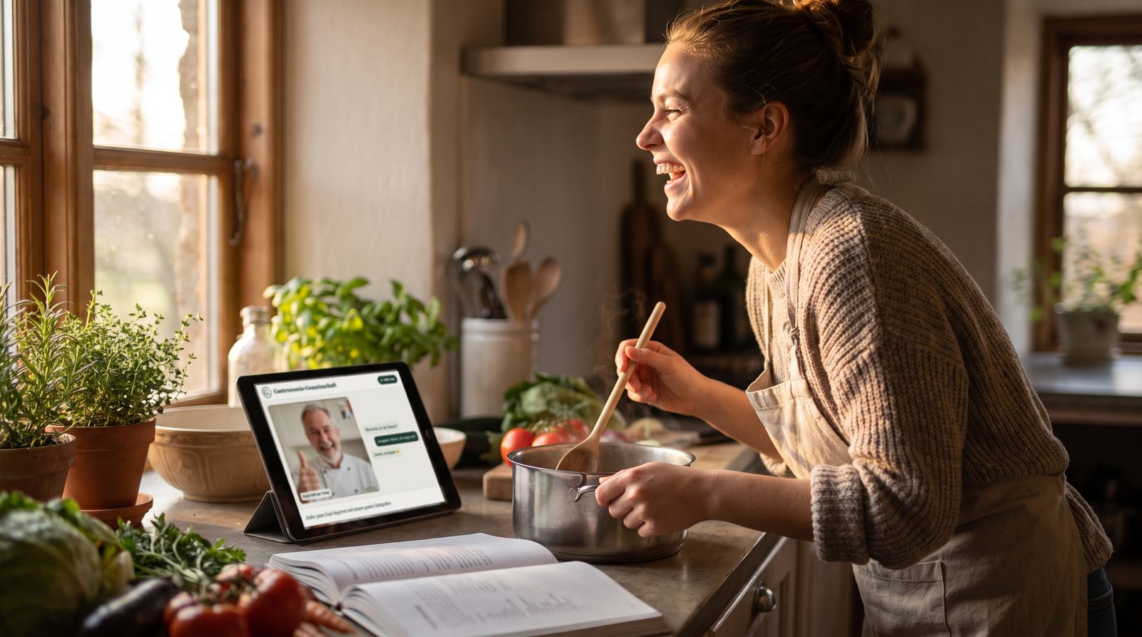 KI-Symbolbild: Eine junge Frau kocht lachend zu Hause; auf dem Tablet zeigt die Seite „Gastronomie-Gemeinschaft“ einen Koch per Videoanruf mit Daumen hoch